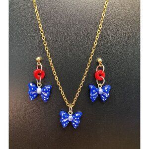 Red, White and Blue Bow Gold Plated Stainless Steel Necklace and Dangle Earring